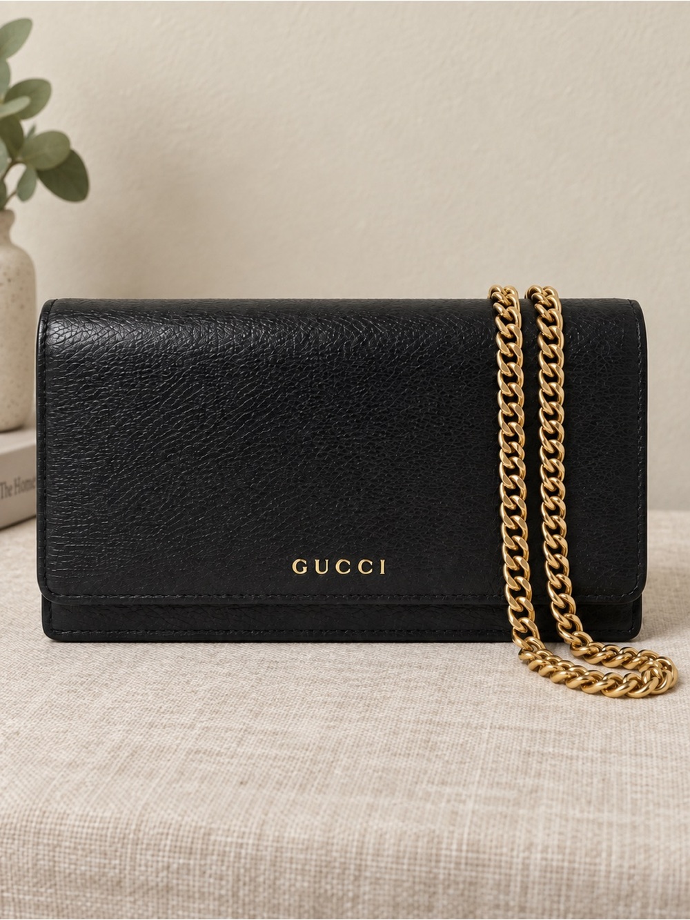 Gucci Script Leather Chain Wallet Black Gold WOC 772643